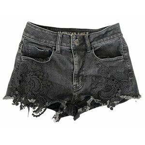 American Eagle Hi Rise Super Super Stretch X Black Denim Crochet Shorts Sz 2